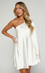 Karla Mini Dress - One Shoulder Long Sleeve Dress in Pearl