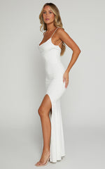 Tasteful Midi Dress - Cowl Neck Bodycon Thigh Split Dress in White