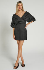Anastasija Mini Dress - Off Shoulder V Neck Dress in Black