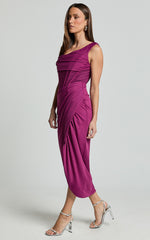 Aidia Midi Dress - One Shoulder Draped Corset Dress in Plum