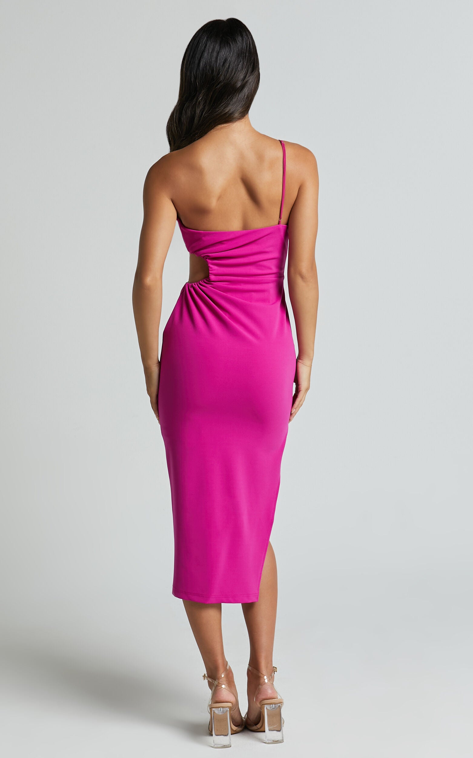 Cedrych Midi Dress - Side Cut Out Asymmetric Bodycon Dress in Fuschia