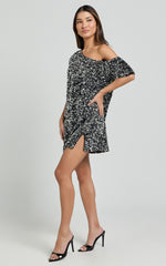 Katrine Mini Dress - Off Shoulder Shift Sequin Dress in Black