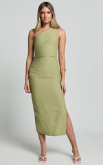Arnie Midi Dress - One Shoulder Side Split Dress in Matcha Green