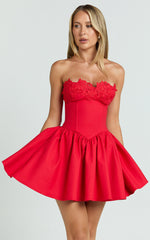 Brooke Mini Dress - Strapless Lace Trim Drop Waist Fit And Flare Dress in Red