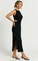 Brodie Midi Dress - Side Cut Out Linen Blend Dress in Black