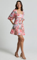 Enya Mini Dress - Puff Sleeve Empire Waist Dress in Floral Mosaic Print
