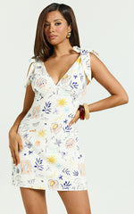 Posie Mini Dress - Linen Shoulder Tie Plunge Slip Dress in Soleil Print