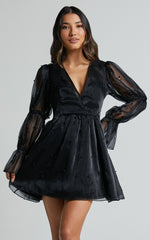 Lanna Mini Dress - Long Puff Sleeve V Neck Dress in Black