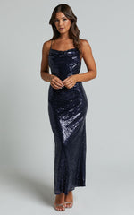 Cynthie Midi Dress - Strappy Cowl Neck Sequin Slip Dress in Navy
