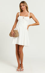 Maiya Mini Dress - Tie Front Fitted Bodice Dress in White