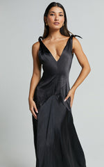 Hart Midi Dress - Tie Shoulder Plunge Satin Dress in Black