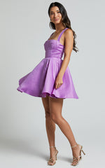 Stephanie Mini Dress - Satin Square Neck Tie Back Dress in Orchid
