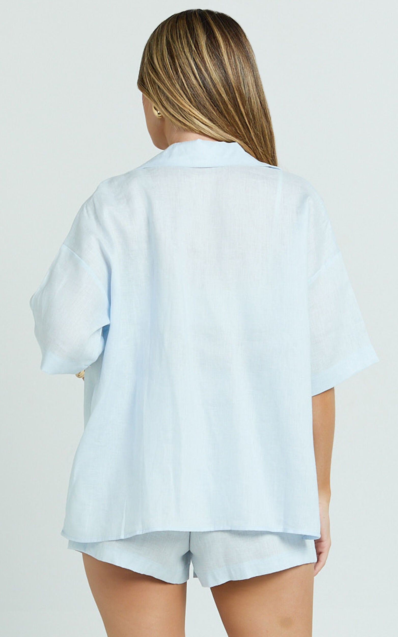 Ramona Top - Linen Short Sleeve Shirt in Pale Blue