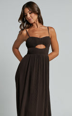 Ezri Midi Dress - Strappy Cut Out Pleated A Line Dress in Chocolate