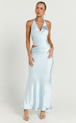 Berna Midi Dress - Cowl Neck Satin Slip Dress with Cut Out Detail in Light Blue