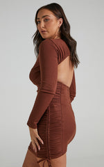 Brittah Mini Dress - Long Sleeve Dress in Chocolate