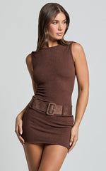 Azra Mini Dress - Bodycon Detachable Belt Detail Knit Mini Dress in Chocolate