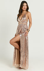 Harvey Maxi Dress - Sequin Plunge Front High Split Dress in Rose Gold