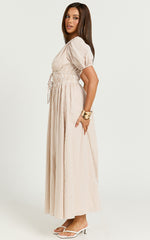 Matteo Midi Dress - Deep V Neck Puff Sleeve Dress in Light Gingham