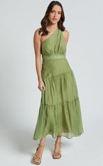 Edeline Midi Dress - One Shoulder Twist Tiered Dress in Olive