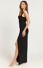 Donna Maxi Dress - Cowl Neck Column High Split Dress in Black