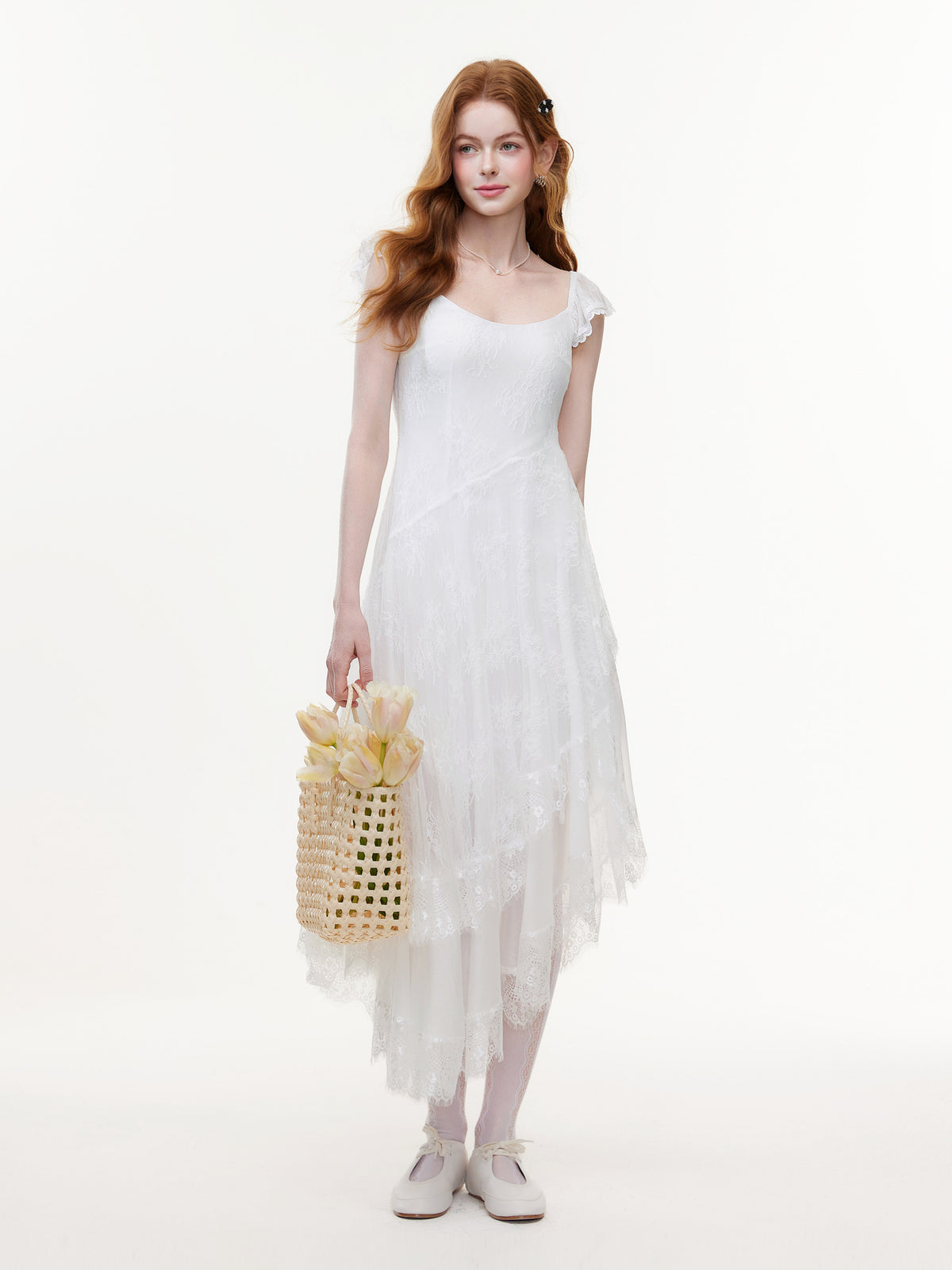 White Floral Tiered Midi Dress
